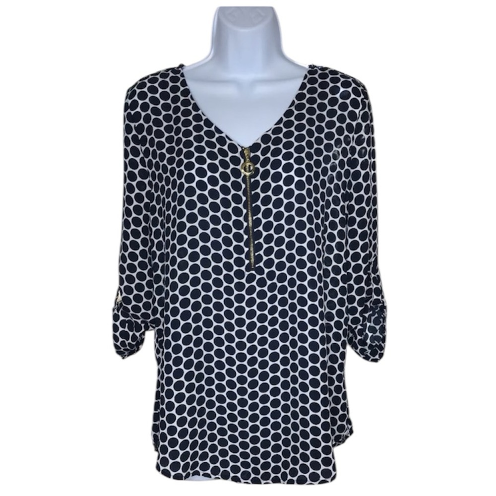 Roz & Ali Blouse White Navy Dot Pattern Quarter Zip Front Detail Tab Sleeves